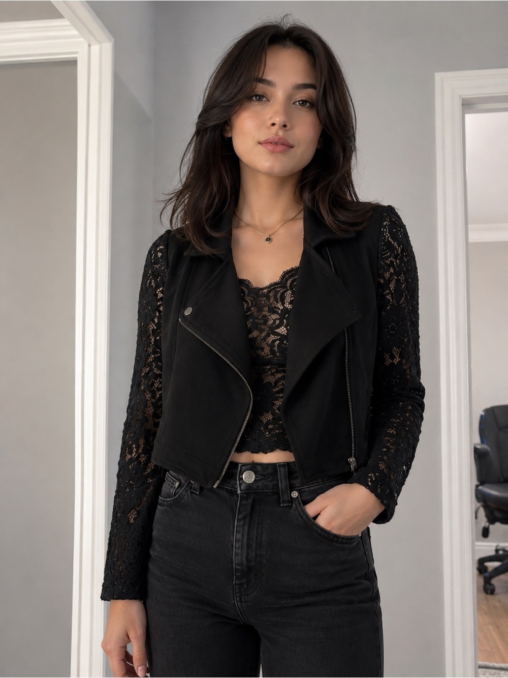 Madden Girl Black Cropped Lace-Sleeve Moto Jacket